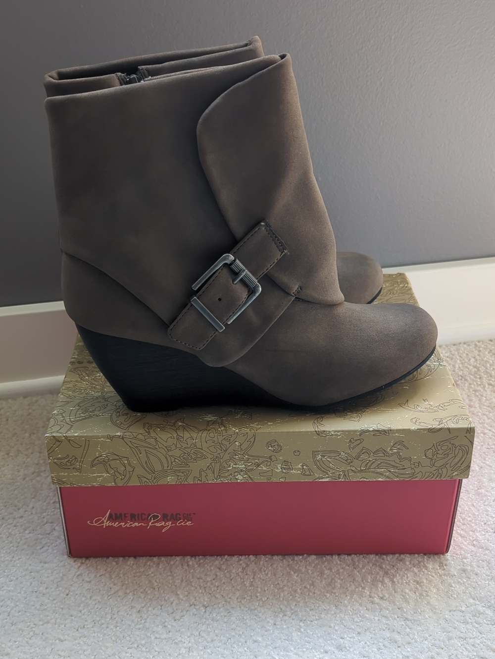 American Rag Taupe Wedge Ankle Booties with Buckle